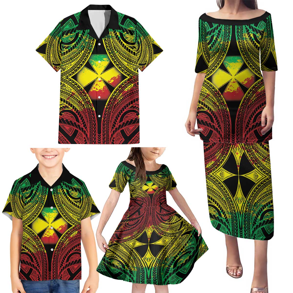 Personalised Wallis and Futuna Territory Day Family Matching Puletasi and Hawaiian Shirt Polynesian Pattern Simple Style