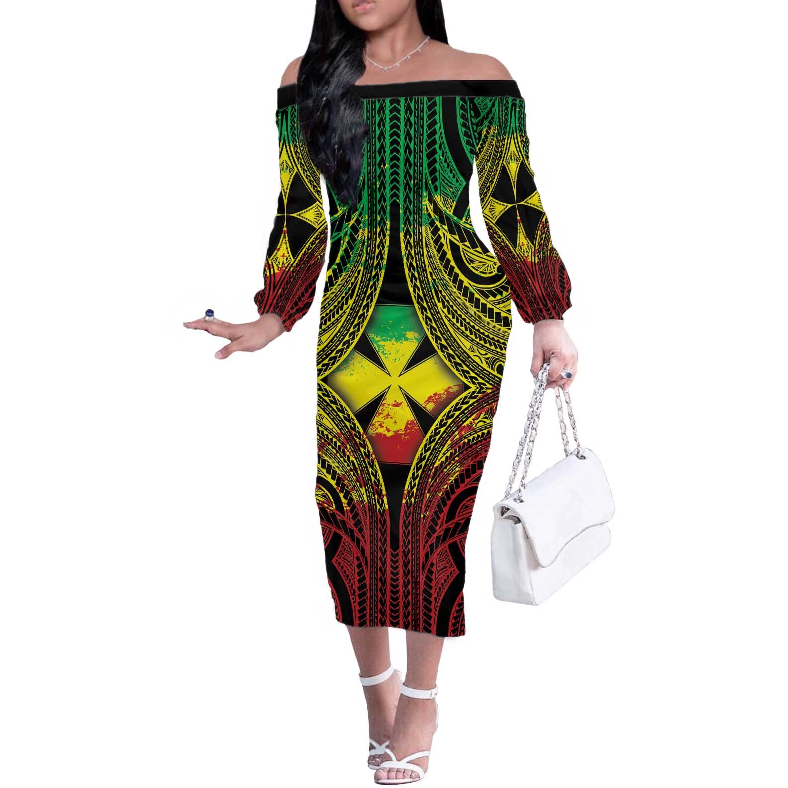 Personalised Wallis and Futuna Territory Day Off The Shoulder Long Sleeve Dress Polynesian Pattern Simple Style