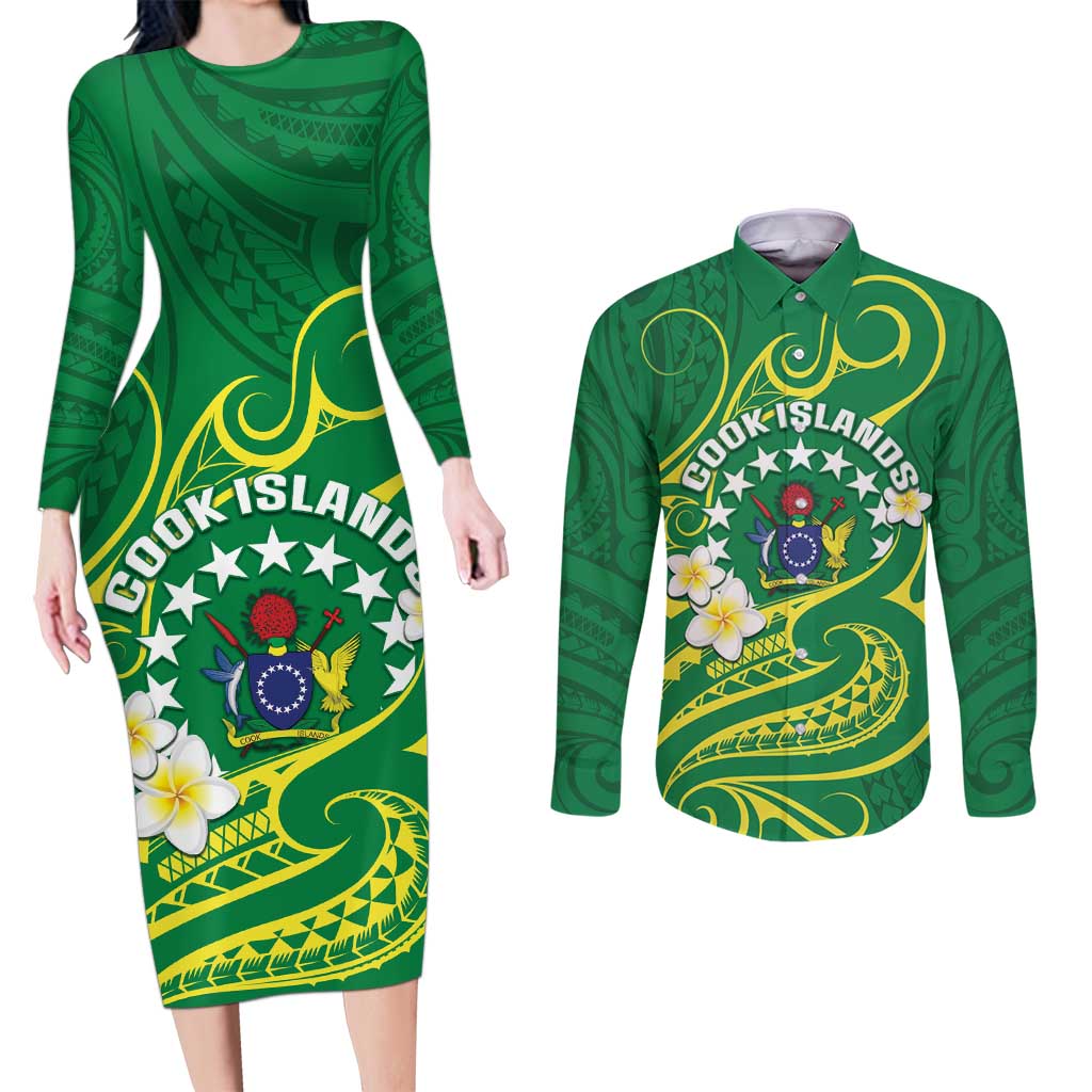 Cook Islands Happy Constitution Day Couples Matching Long Sleeve Bodycon Dress and Long Sleeve Button Shirt Pattern Tribal Art LT05 Green - Polynesian Pride