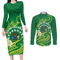 Cook Islands Happy Constitution Day Couples Matching Long Sleeve Bodycon Dress and Long Sleeve Button Shirt Pattern Tribal Art LT05 Green - Polynesian Pride