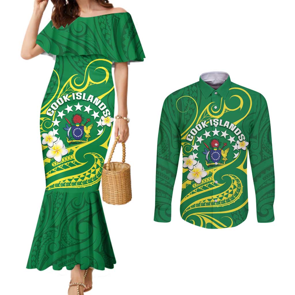 Cook Islands Happy Constitution Day Couples Matching Mermaid Dress and Long Sleeve Button Shirt Pattern Tribal Art LT05 Green - Polynesian Pride