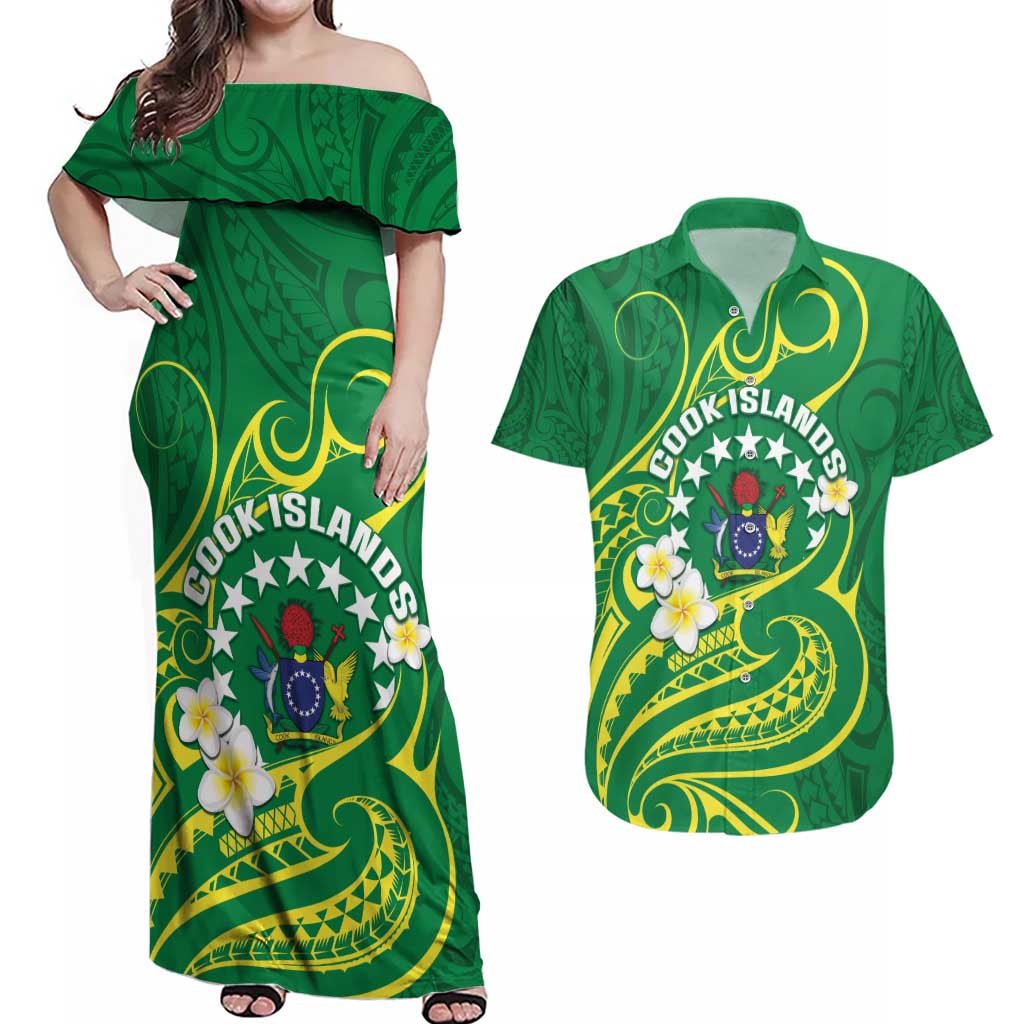 Cook Islands Happy Constitution Day Couples Matching Off Shoulder Maxi Dress and Hawaiian Shirt Pattern Tribal Art