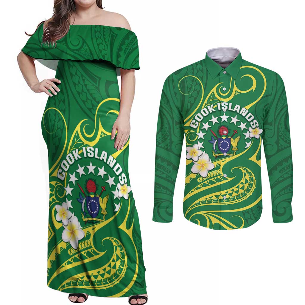 Cook Islands Happy Constitution Day Couples Matching Off Shoulder Maxi Dress and Long Sleeve Button Shirt Pattern Tribal Art LT05 Green - Polynesian Pride