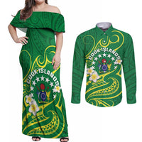 Cook Islands Happy Constitution Day Couples Matching Off Shoulder Maxi Dress and Long Sleeve Button Shirt Pattern Tribal Art LT05 Green - Polynesian Pride