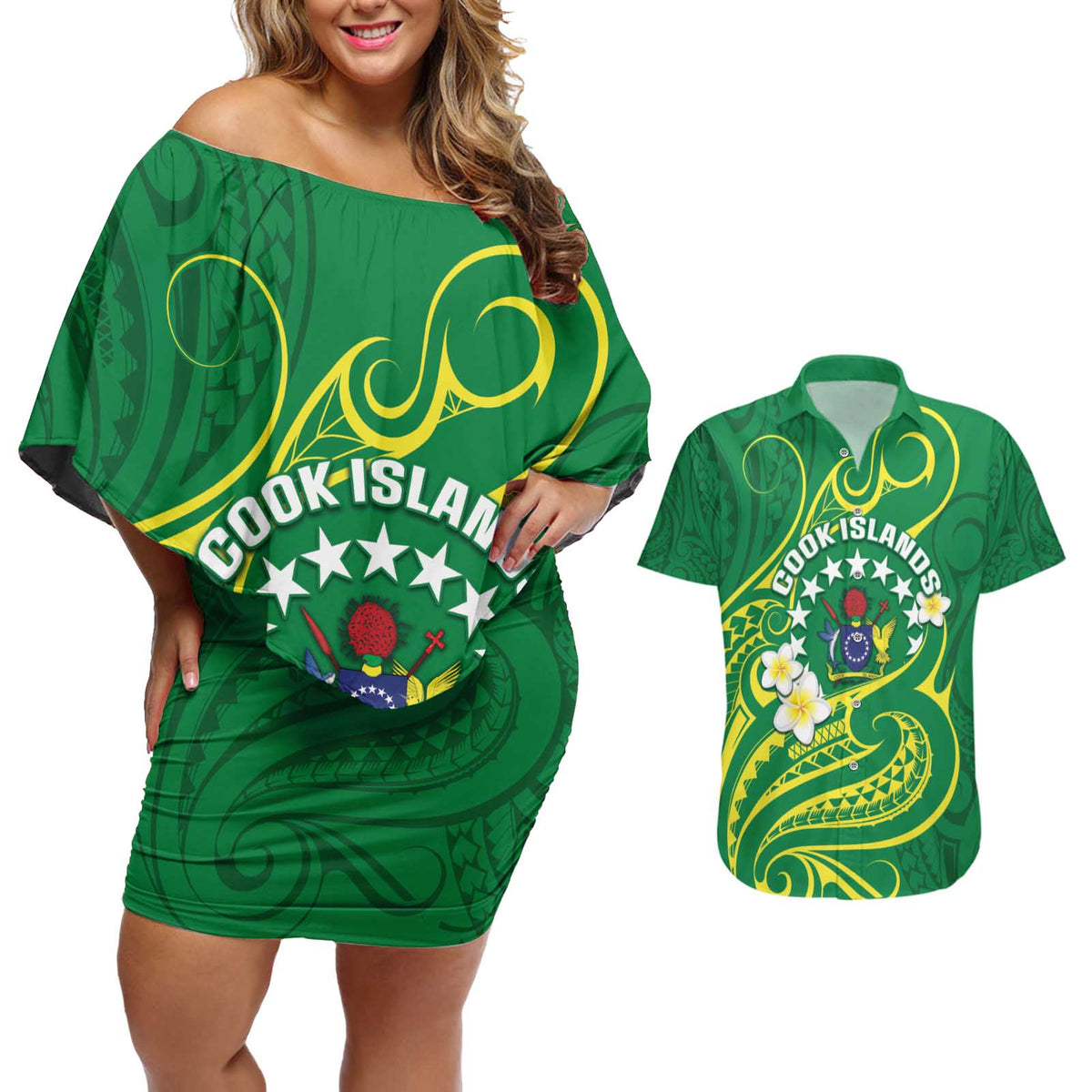 Cook Islands Happy Constitution Day Couples Matching Off Shoulder Short Dress and Hawaiian Shirt Pattern Tribal Art LT05 Green - Polynesian Pride