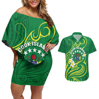 Cook Islands Happy Constitution Day Couples Matching Off Shoulder Short Dress and Hawaiian Shirt Pattern Tribal Art LT05 Green - Polynesian Pride