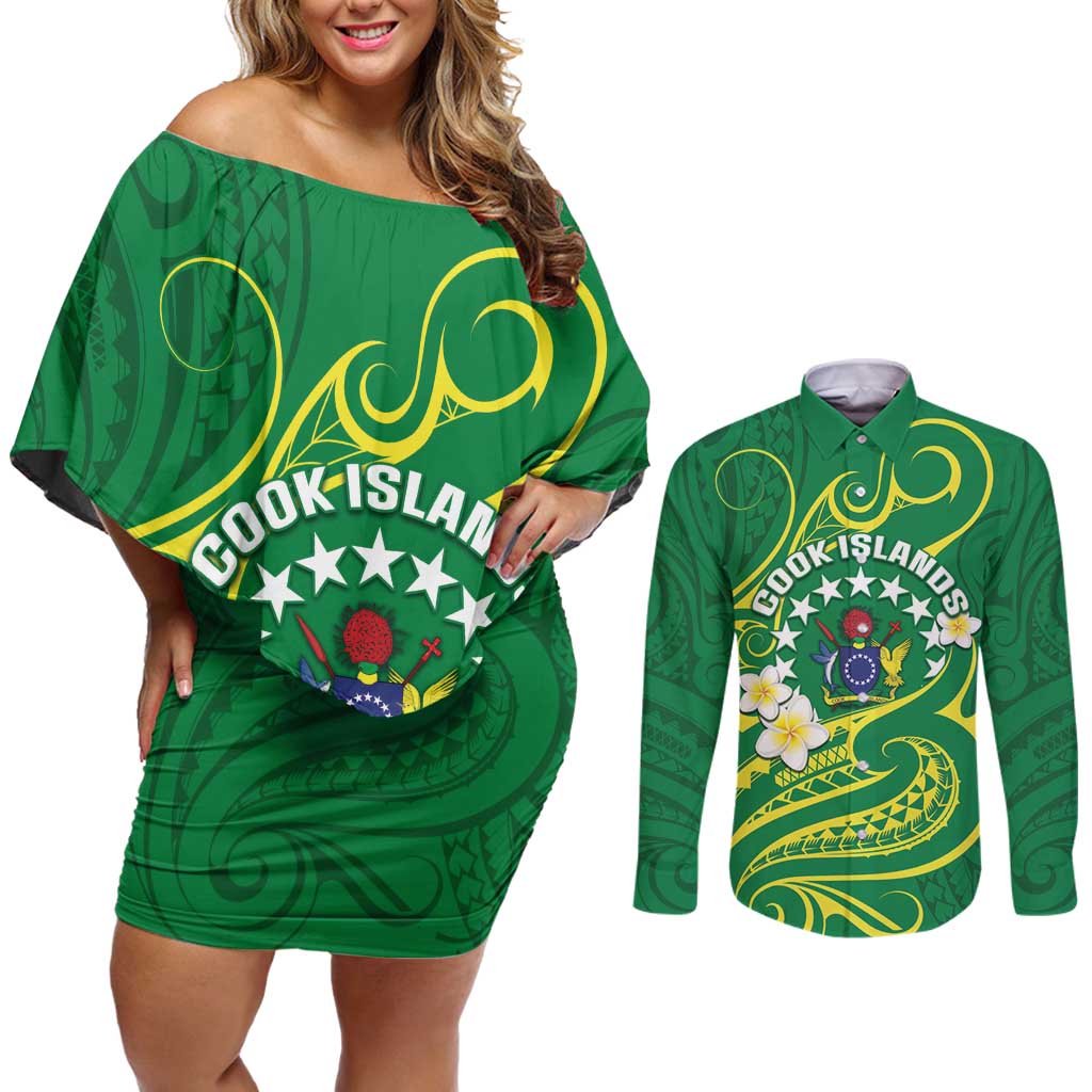 Cook Islands Happy Constitution Day Couples Matching Off Shoulder Short Dress and Long Sleeve Button Shirt Pattern Tribal Art LT05 Green - Polynesian Pride