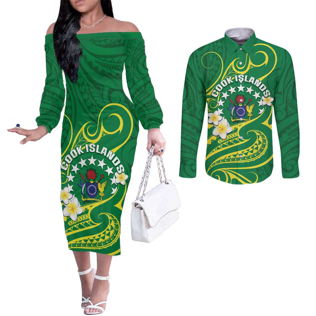 Cook Islands Happy Constitution Day Couples Matching Off The Shoulder Long Sleeve Dress and Long Sleeve Button Shirt Pattern Tribal Art LT05 Green - Polynesian Pride