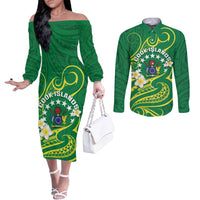 Cook Islands Happy Constitution Day Couples Matching Off The Shoulder Long Sleeve Dress and Long Sleeve Button Shirt Pattern Tribal Art LT05 Green - Polynesian Pride