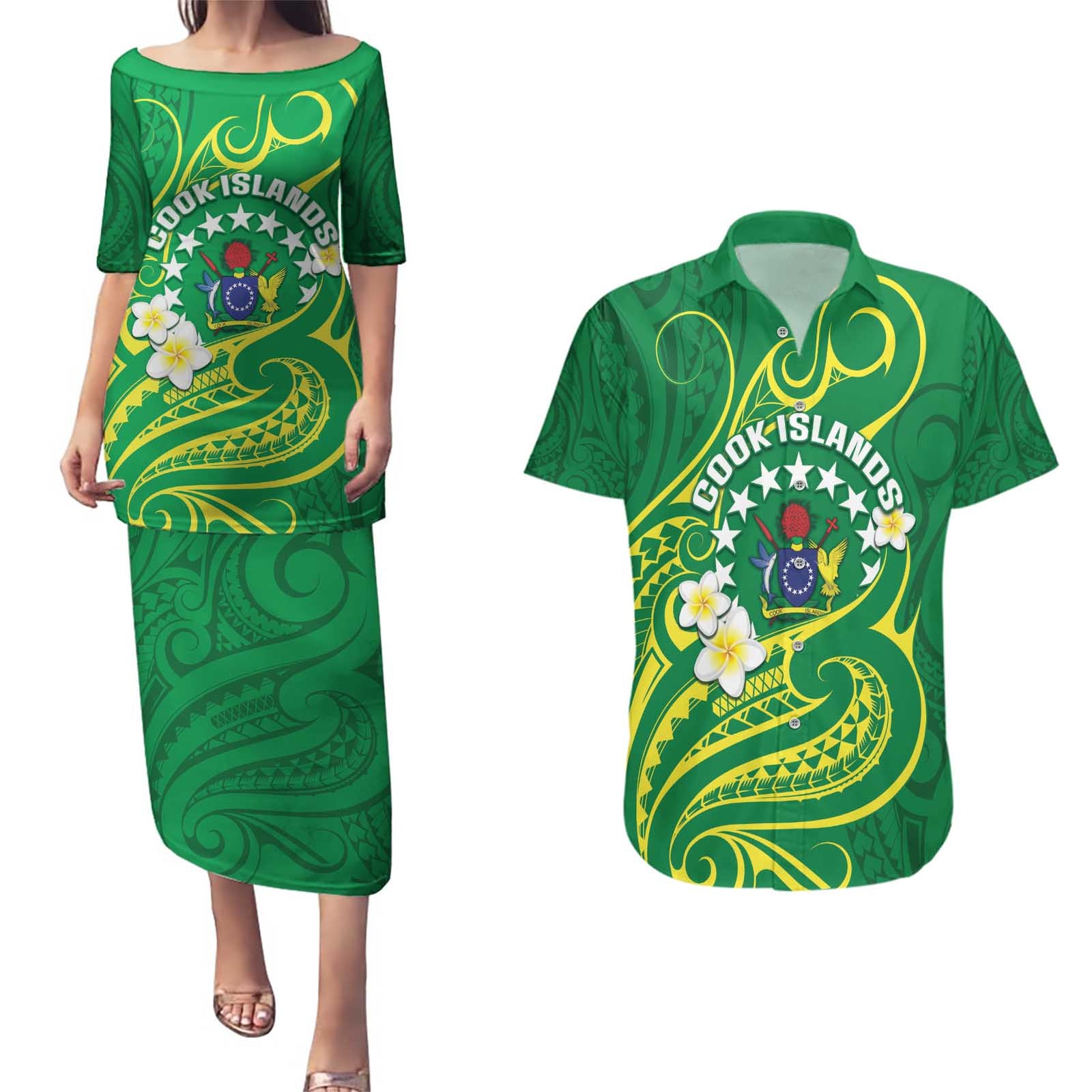 Cook Islands Happy Constitution Day Couples Matching Puletasi and Hawaiian Shirt Pattern Tribal Art LT05 Green - Polynesian Pride