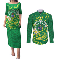 Cook Islands Happy Constitution Day Couples Matching Puletasi and Long Sleeve Button Shirt Pattern Tribal Art LT05 Green - Polynesian Pride