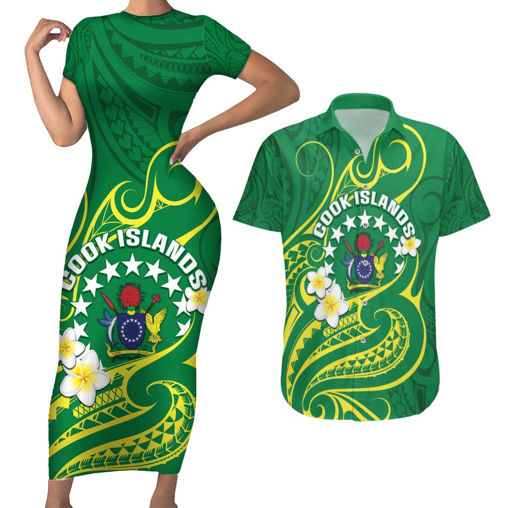 Cook Islands Happy Constitution Day Couples Matching Short Sleeve Bodycon Dress and Hawaiian Shirt Pattern Tribal Art LT05 Green - Polynesian Pride