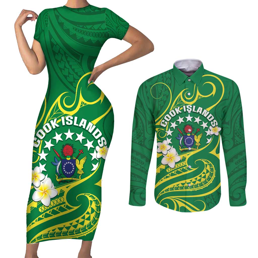 Cook Islands Happy Constitution Day Couples Matching Short Sleeve Bodycon Dress and Long Sleeve Button Shirt Pattern Tribal Art LT05 Green - Polynesian Pride