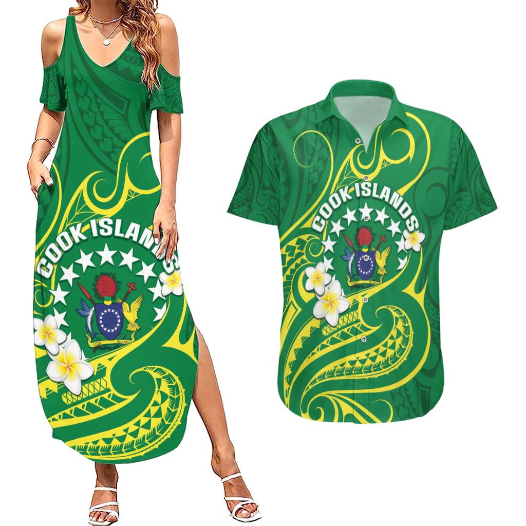 Cook Islands Happy Constitution Day Couples Matching Summer Maxi Dress and Hawaiian Shirt Pattern Tribal Art LT05 Green - Polynesian Pride