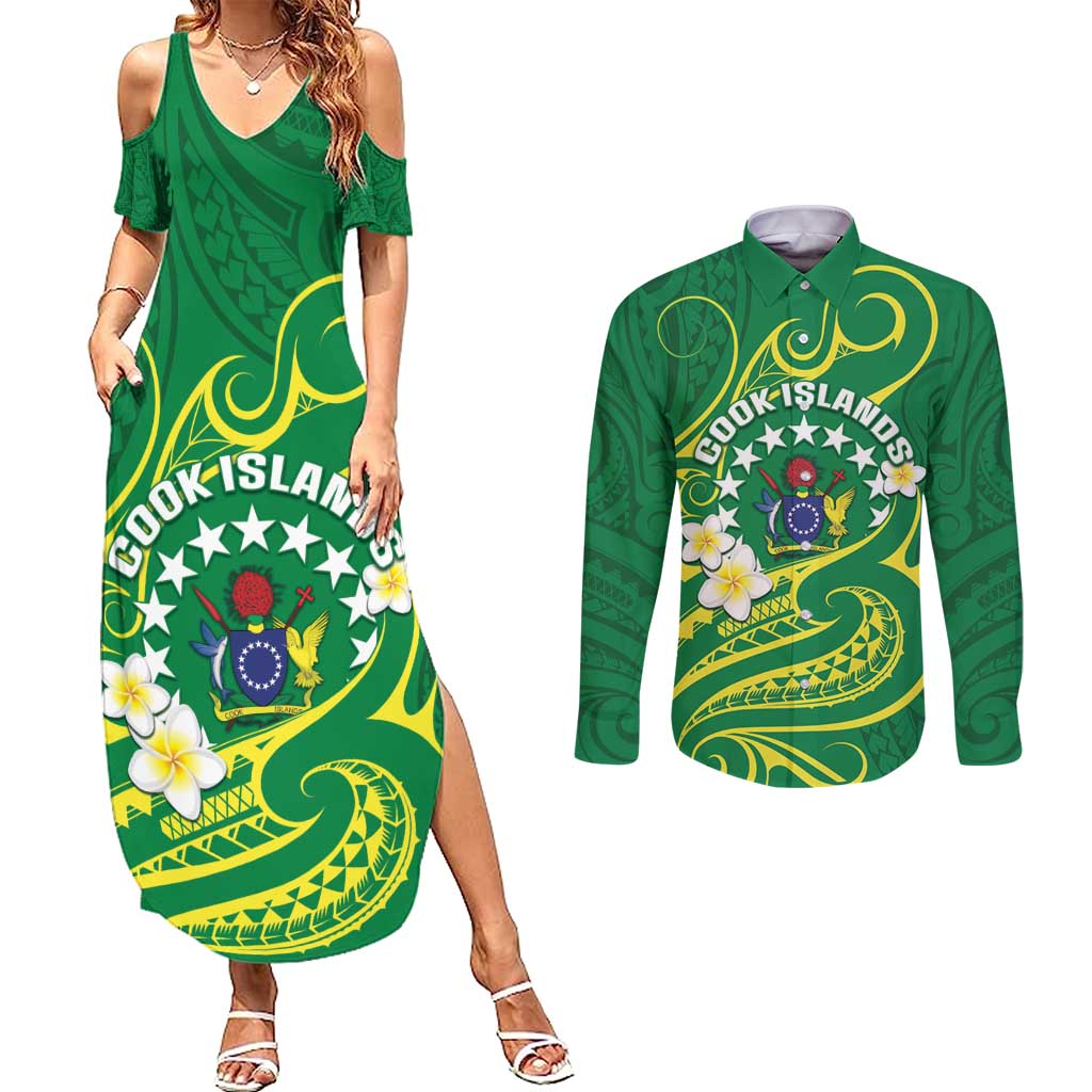 Cook Islands Happy Constitution Day Couples Matching Summer Maxi Dress and Long Sleeve Button Shirt Pattern Tribal Art LT05 Green - Polynesian Pride