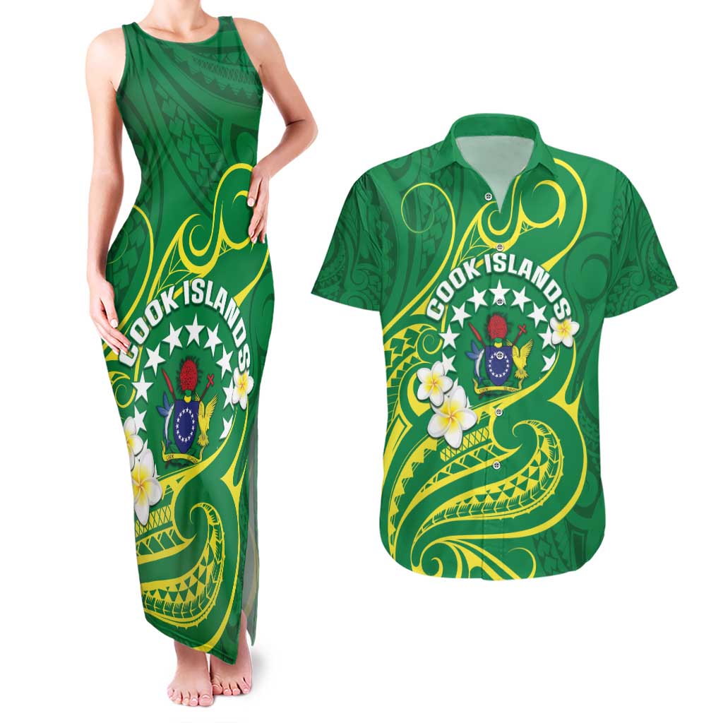 Cook Islands Happy Constitution Day Couples Matching Tank Maxi Dress and Hawaiian Shirt Pattern Tribal Art LT05 Green - Polynesian Pride