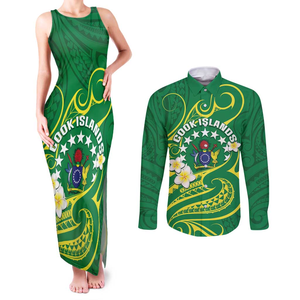 Cook Islands Happy Constitution Day Couples Matching Tank Maxi Dress and Long Sleeve Button Shirt Pattern Tribal Art LT05 Green - Polynesian Pride