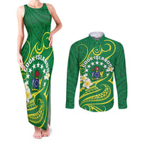 Cook Islands Happy Constitution Day Couples Matching Tank Maxi Dress and Long Sleeve Button Shirt Pattern Tribal Art LT05 Green - Polynesian Pride