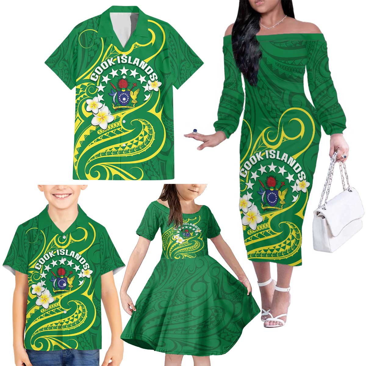 Cook Islands Happy Constitution Day Family Matching Off The Shoulder Long Sleeve Dress and Hawaiian Shirt Pattern Tribal Art