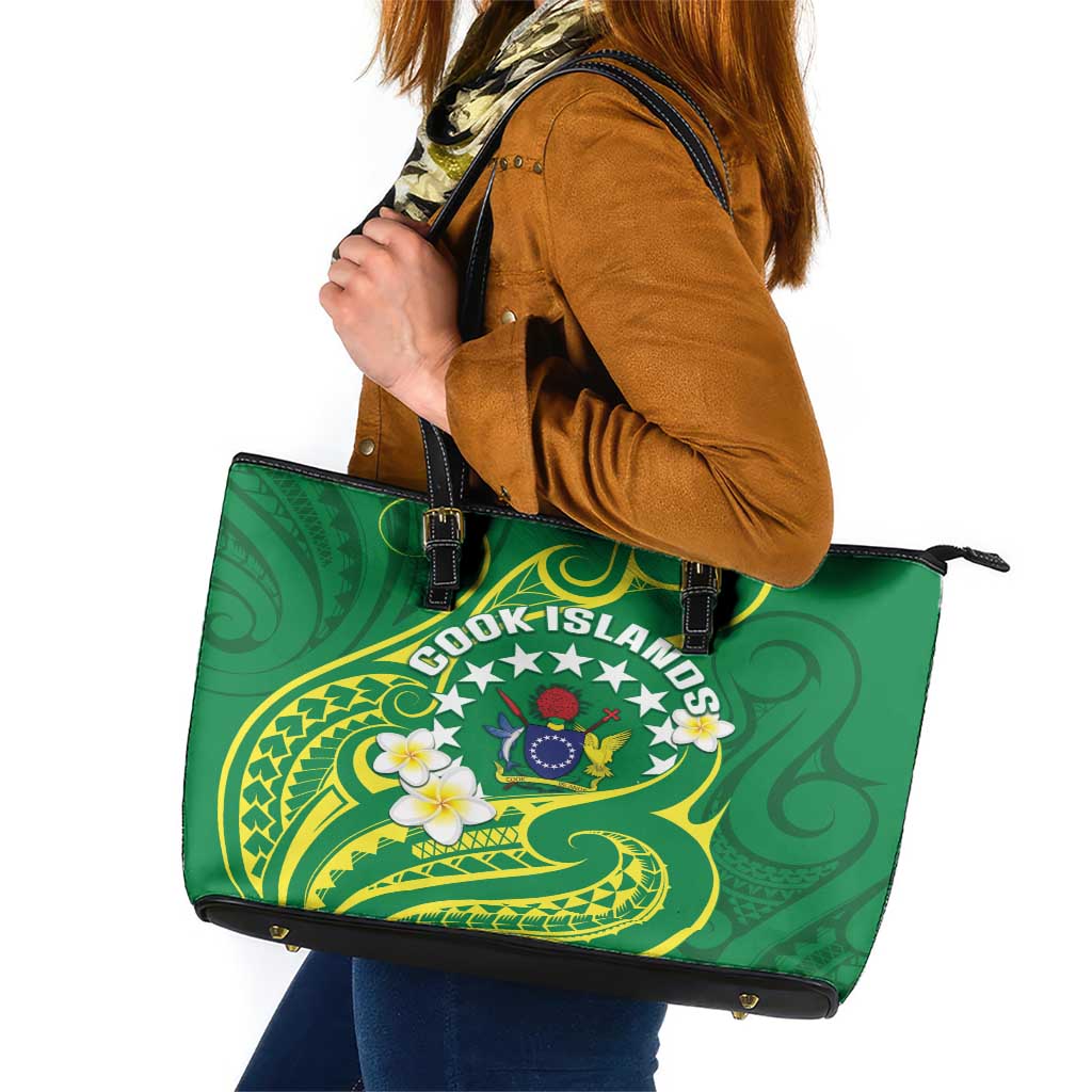 Cook Islands Happy Constitution Day Leather Tote Bag Pattern Tribal Art LT05 Green - Polynesian Pride