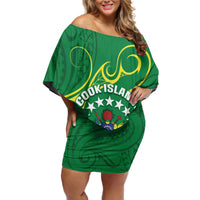 Cook Islands Happy Constitution Day Off Shoulder Short Dress Pattern Tribal Art LT05 Women Green - Polynesian Pride