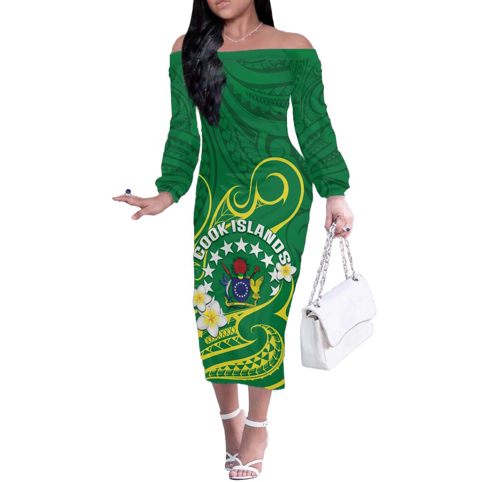 Cook Islands Happy Constitution Day Off The Shoulder Long Sleeve Dress Pattern Tribal Art