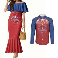 Aiga Samoa Couples Matching Mermaid Dress and Long Sleeve Button Shirt Aiga Is Everything LT05 Red - Polynesian Pride