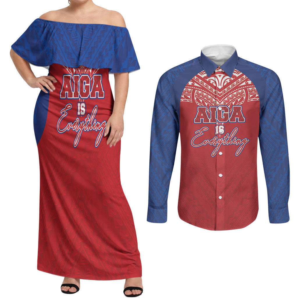 Aiga Samoa Couples Matching Off Shoulder Maxi Dress and Long Sleeve Button Shirt Aiga Is Everything LT05 Red - Polynesian Pride