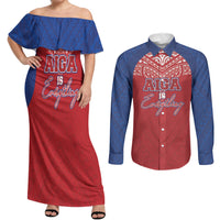 Aiga Samoa Couples Matching Off Shoulder Maxi Dress and Long Sleeve Button Shirt Aiga Is Everything LT05 Red - Polynesian Pride