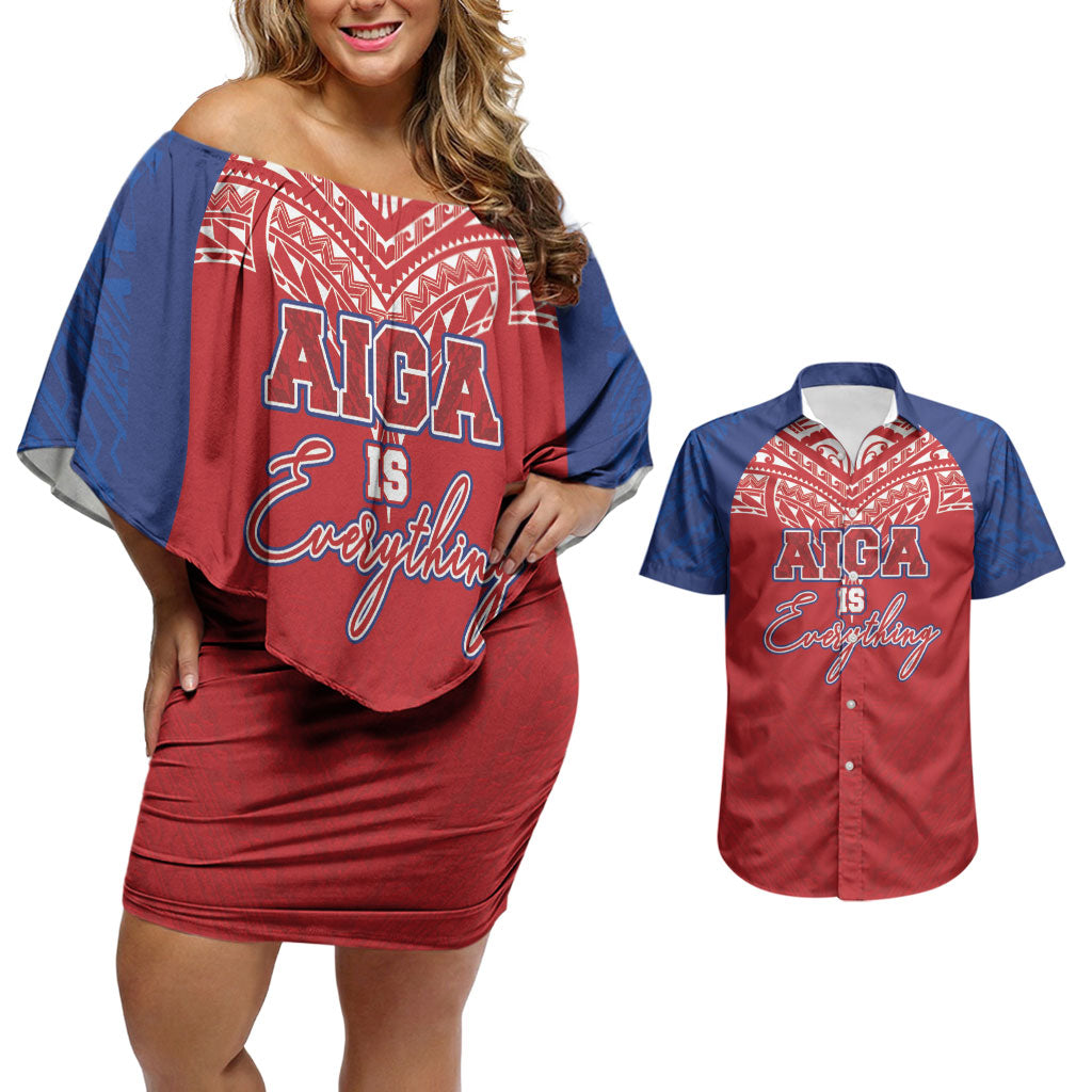 Aiga Samoa Couples Matching Off Shoulder Short Dress and Hawaiian Shirt Aiga Is Everything LT05 Red - Polynesian Pride