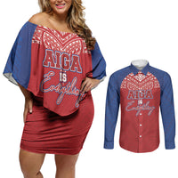 Aiga Samoa Couples Matching Off Shoulder Short Dress and Long Sleeve Button Shirt Aiga Is Everything LT05 Red - Polynesian Pride