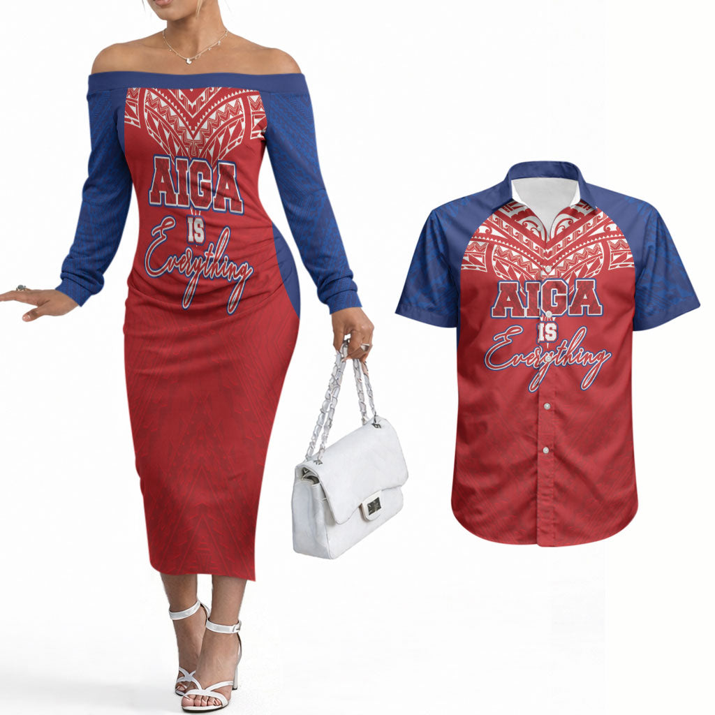 Aiga Samoa Couples Matching Off The Shoulder Long Sleeve Dress and Hawaiian Shirt Aiga Is Everything LT05 Red - Polynesian Pride