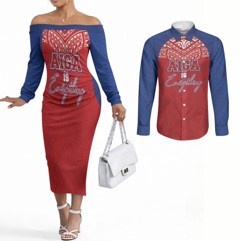 Aiga Samoa Couples Matching Off The Shoulder Long Sleeve Dress and Long Sleeve Button Shirt Aiga Is Everything LT05 Red - Polynesian Pride