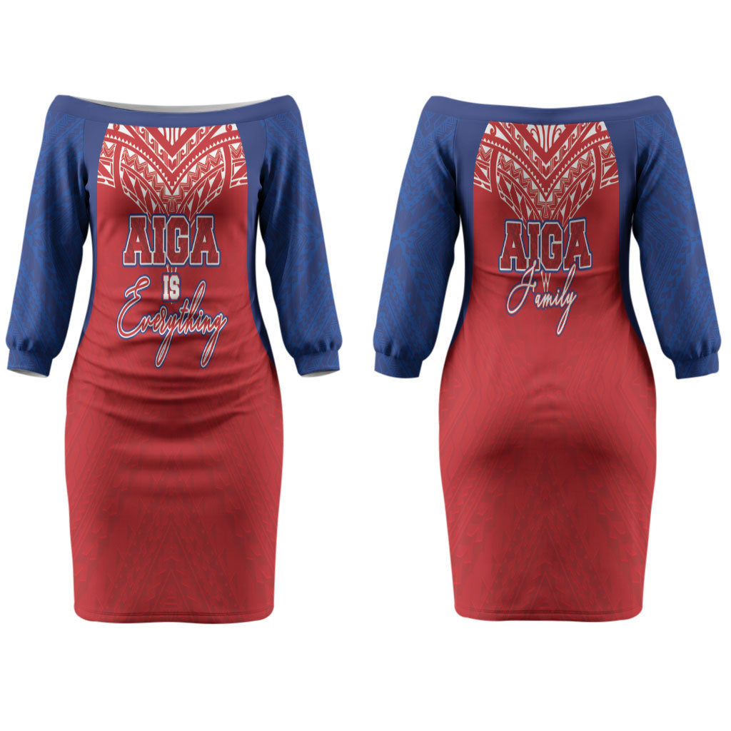 Aiga Samoa Couples Matching Off The Shoulder Long Sleeve Dress and Long Sleeve Button Shirt Aiga Is Everything LT05 - Polynesian Pride