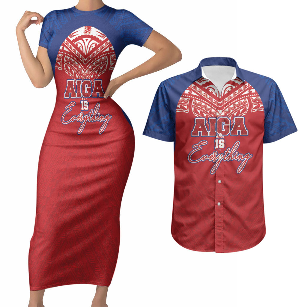 Aiga Samoa Couples Matching Short Sleeve Bodycon Dress and Hawaiian Shirt Aiga Is Everything LT05 Red - Polynesian Pride