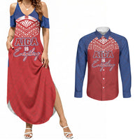 Aiga Samoa Couples Matching Summer Maxi Dress and Long Sleeve Button Shirt Aiga Is Everything LT05 Red - Polynesian Pride