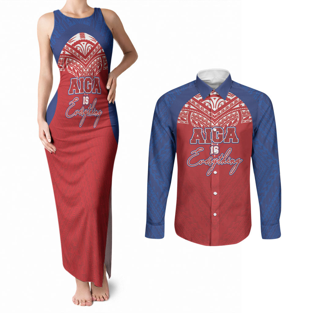 Aiga Samoa Couples Matching Tank Maxi Dress and Long Sleeve Button Shirt Aiga Is Everything LT05 Red - Polynesian Pride