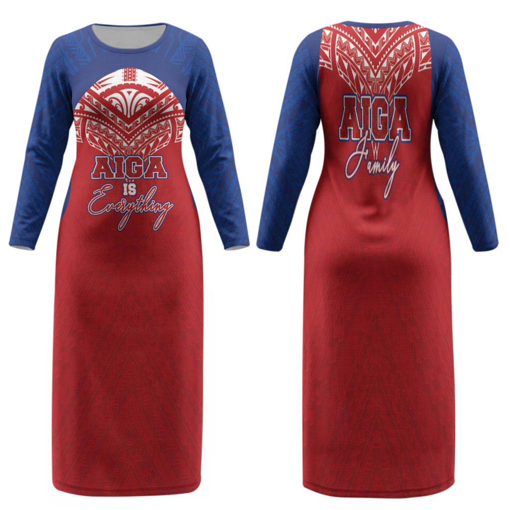 Aiga Samoa Family Matching Long Sleeve Bodycon Dress and Hawaiian Shirt Aiga Is Everything LT05 Mom's Dress Red - Polynesian Pride