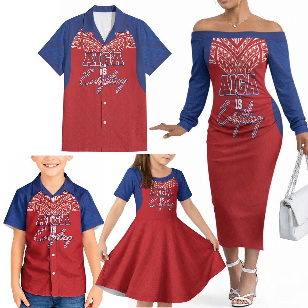 Aiga Samoa Family Matching Off The Shoulder Long Sleeve Dress and Hawaiian Shirt Aiga Is Everything LT05 - Polynesian Pride