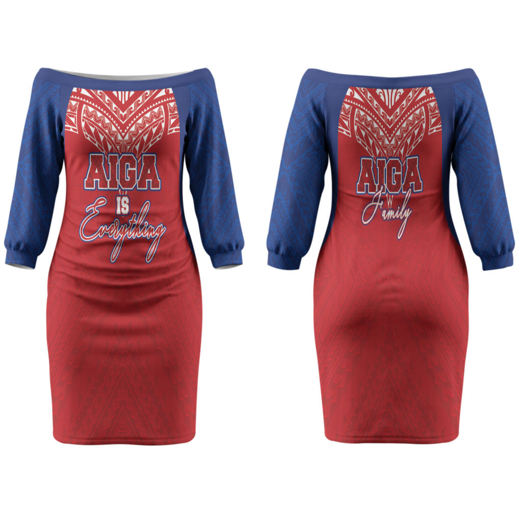 Aiga Samoa Family Matching Off The Shoulder Long Sleeve Dress and Hawaiian Shirt Aiga Is Everything LT05 Mom's Dress Red - Polynesian Pride