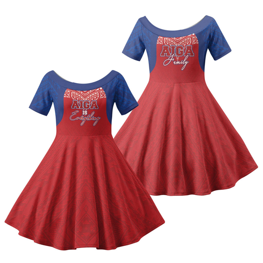 Aiga Samoa Family Matching Off Shoulder Maxi Dress and Hawaiian Shirt Aiga Is Everything LT05 Daughter's Dress Red - Polynesian Pride