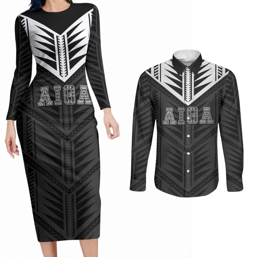 Samoa Aiga Couples Matching Long Sleeve Bodycon Dress and Long Sleeve Button Shirt Samoan Tribal Pattern LT05 Black - Polynesian Pride