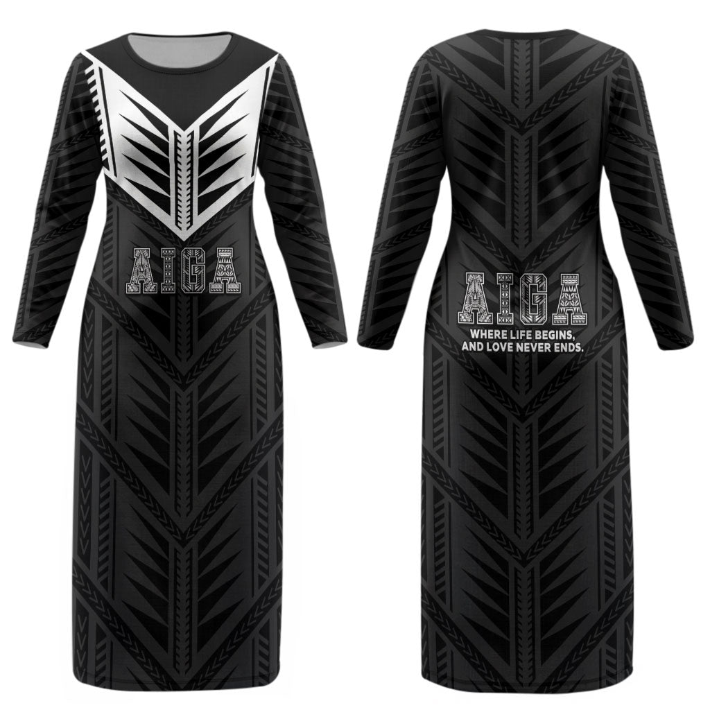 Samoa Aiga Couples Matching Long Sleeve Bodycon Dress and Long Sleeve Button Shirt Samoan Tribal Pattern LT05 - Polynesian Pride