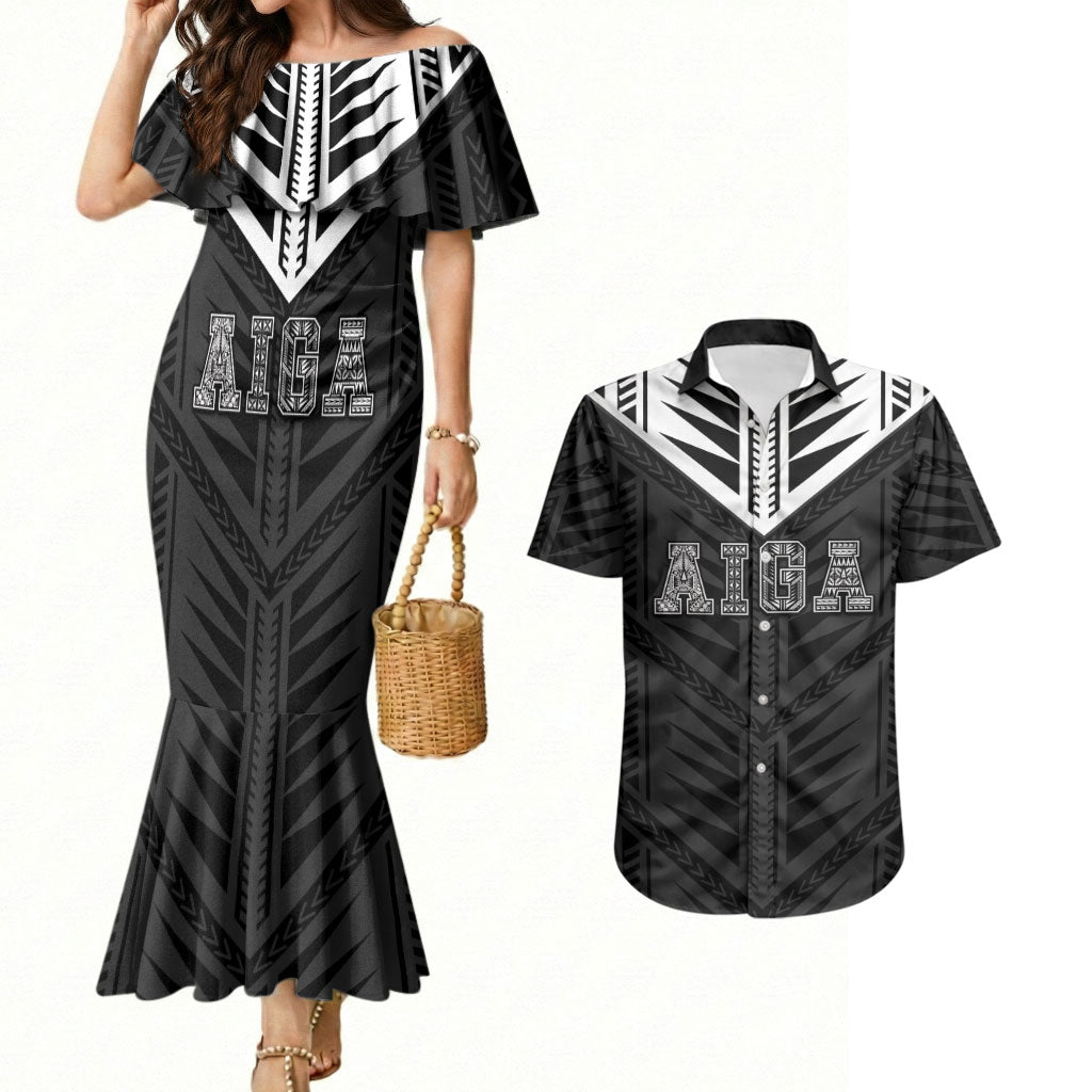 Samoa Aiga Couples Matching Mermaid Dress and Hawaiian Shirt Samoan Tribal Pattern LT05 Black - Polynesian Pride