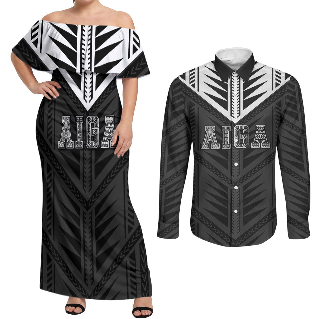 Samoa Aiga Couples Matching Off Shoulder Maxi Dress and Long Sleeve Button Shirt Samoan Tribal Pattern LT05 Black - Polynesian Pride