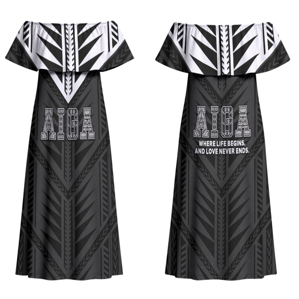 Samoa Aiga Couples Matching Off Shoulder Maxi Dress and Long Sleeve Button Shirt Samoan Tribal Pattern LT05 - Polynesian Pride