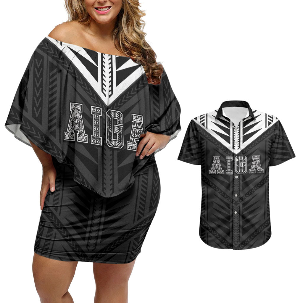 Samoa Aiga Couples Matching Off Shoulder Short Dress and Hawaiian Shirt Samoan Tribal Pattern LT05 Black - Polynesian Pride