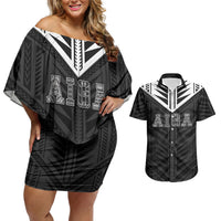 Samoa Aiga Couples Matching Off Shoulder Short Dress and Hawaiian Shirt Samoan Tribal Pattern LT05 Black - Polynesian Pride