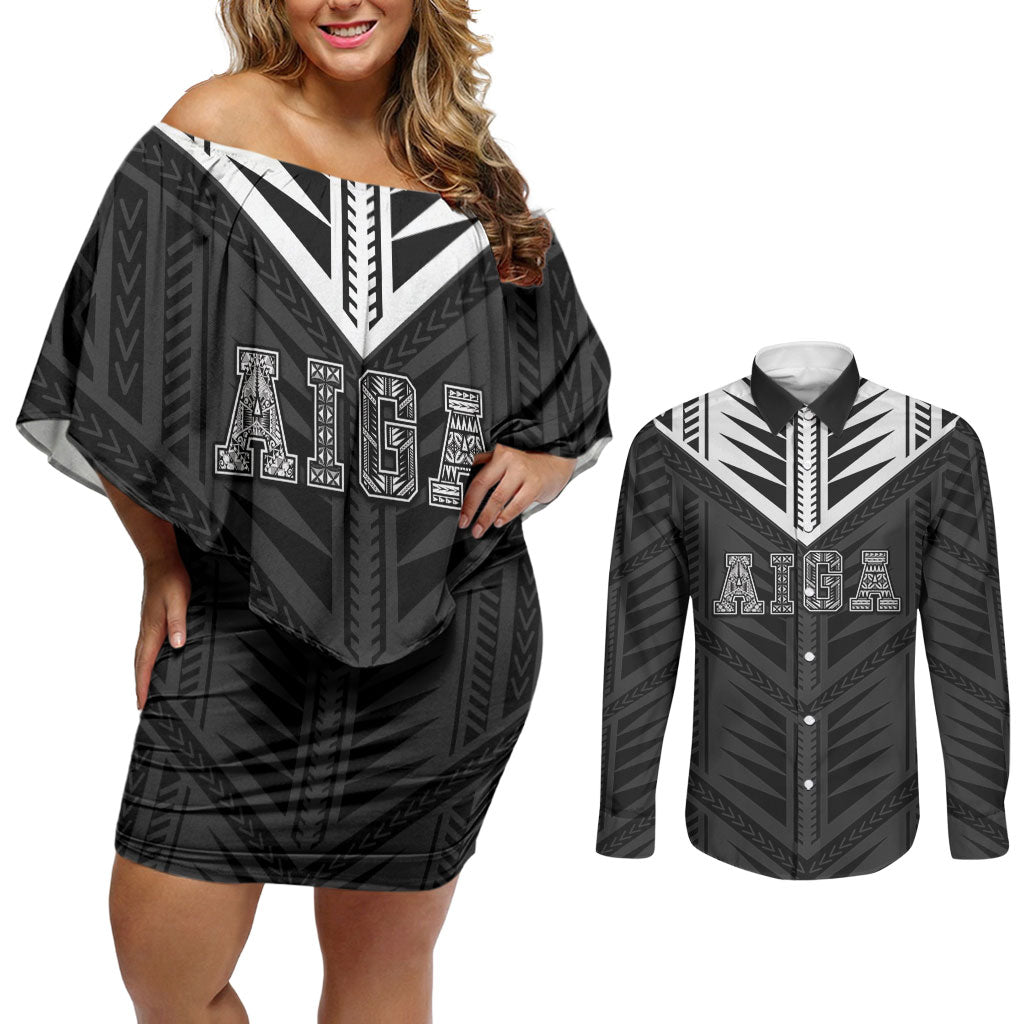 Samoa Aiga Couples Matching Off Shoulder Short Dress and Long Sleeve Button Shirt Samoan Tribal Pattern LT05 Black - Polynesian Pride