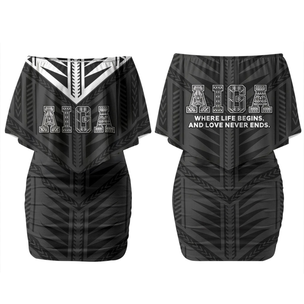 Samoa Aiga Couples Matching Off Shoulder Short Dress and Long Sleeve Button Shirt Samoan Tribal Pattern LT05 - Polynesian Pride